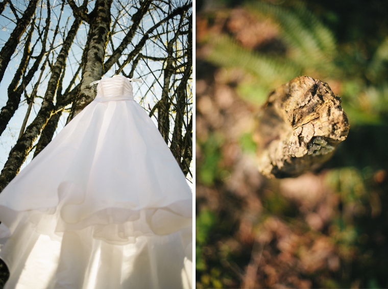 unique wedding dress hanging in forest
