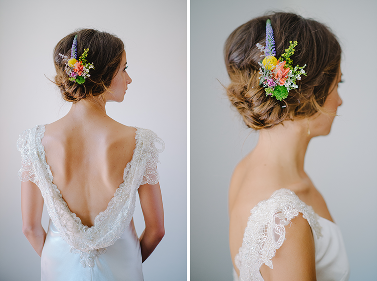 bride with rustic floral headpiece