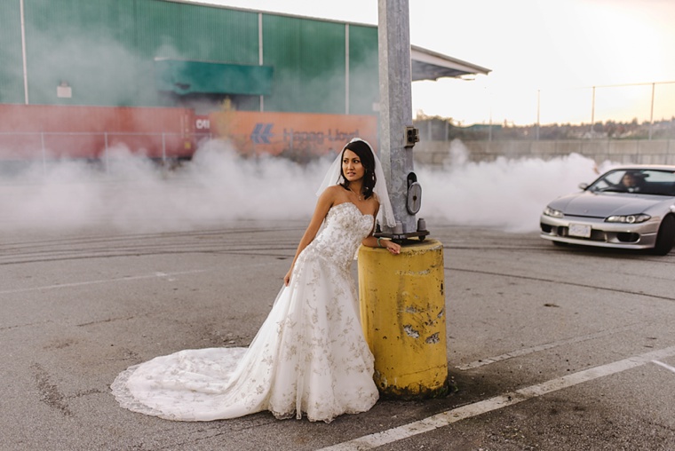 portrait of bride with car drifting